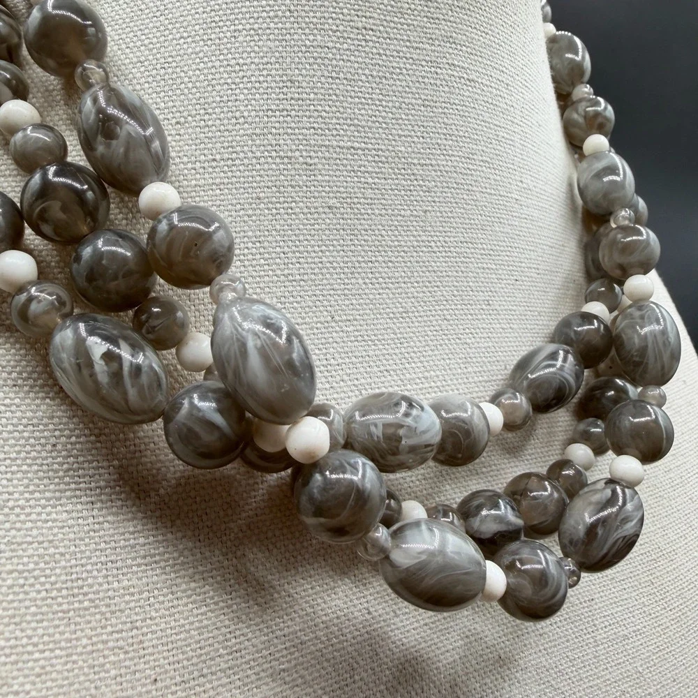 Gray Marbled Beaded Multi Strand Statement Necklace White Accent Beads Chunky